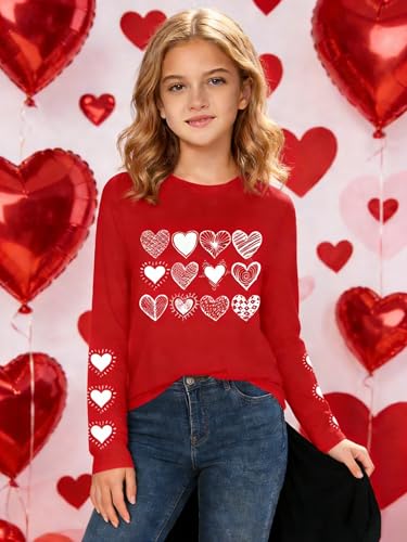 Image of Girls Valentines Day Shirt:Cute Heart Graphic Long Sleeve Tee Tops 6-14y