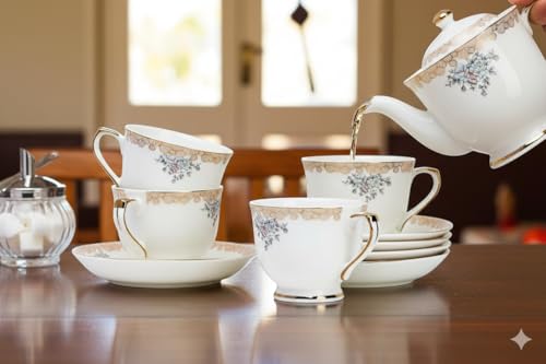 Image of Fine Bone China White Gold Cups and Saucer with Golden Rim, 180 ml Tea Cup Set of 6 Cup and Saucer Set for Tea Milk & Coffee Chai, Tea Cup Set Mug