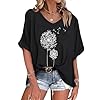 WNEEDU Tee Shirt Oversize Femme Col V été Haut Femme Manches Courtes Chemisier Top été Décontractée Léger et Aéré Grande Taille Pissenlit Blanc 3XL