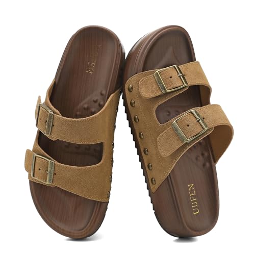 Image of UBFEN Womens Platform Slide Sandals | Real Leather,Buckle Sandals with Cushioned Flatform Footbed,Comfortable for Walking,Arch Support,Casual Styling