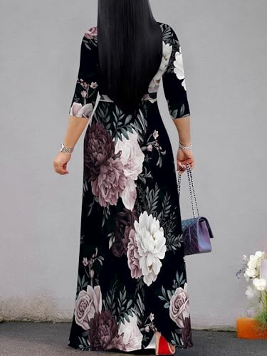Image of PinkPatty Women's Plus Size Maxi Dresses Casual Flowy 3 /4 Sleeves Dress Printed Vacation Dress for Daily Wear with Belt