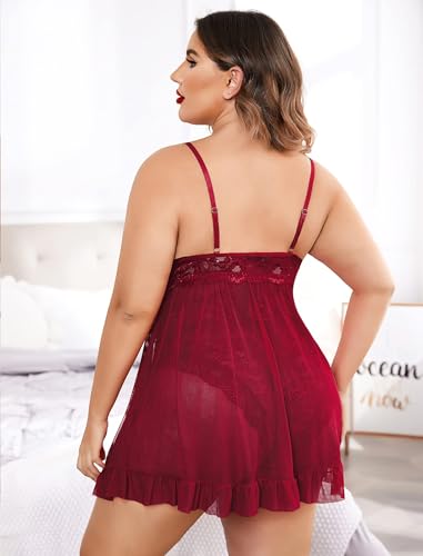 Image of SSoShHub Women's Plus Size Lingerie Beautiful Babydoll Snap Crotch Lace Chemise Ruffles Nightwear Bodysuit with Babydoll
