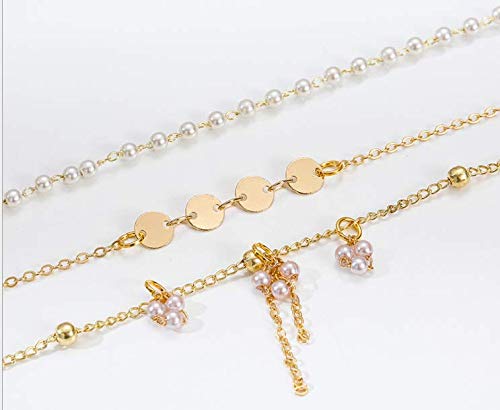 Gold Pearl Chain Bracelet Simple Pearl Bead Bracelet Set For Women Teen Girls 3 Pcs Disc Coin Chain Bracelet Gold Pearl Layered Stackable Bracelet Set #TOP2