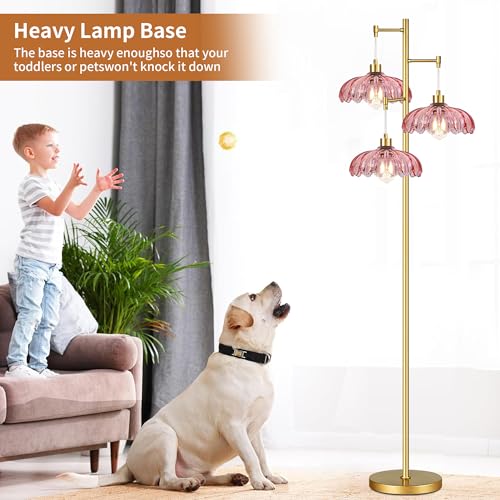 Image of Vintage Floor Lamps for Living Room Bedroom-3 Light Glass Floor Lamp with Three Led Bulb, Tall Flower Floor Lamp Gold Mid Century Modern Standing Lamp Tree Floor Lamps for Living Room Bedroom Corner