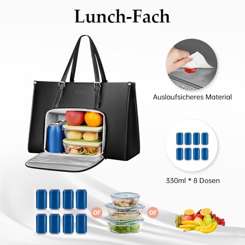 MATEIN Laptoptasche Damen mit Isolierted Lunch-Fach, Laptop Handtasche 15.6 Zoll, Arbeitstasche Damen Groß, Aktentasche Wasserdicht, Shopper Tasche Leder, Schultertasche für Business, Schule, Schwarz