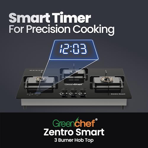 Image of Greenchef Zentro Smart Three burner Glass Hob Top| Digital timer| Featured with Flame failure| Black Color| High efficiency tornado Burners| Dual Purpose Hob(Built In Or Counter top)