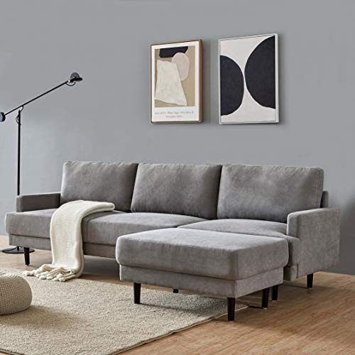 Light Gray Sectional Sofa with Ottoman,JULYFOX L-Shaped 3-seat Corner Couch with Reversible Chaise Lounger Polyester Fabric for Living Room Office Club - Thumbnail 4