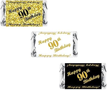 Happy 90th Birthday Miniatures Candy Bar Wrapper, Set of 60 Mini Chocolate Candy Bar Stickers; 3 Designs 24 Gold, 24 Black, 12 White, Candy Not Included. Made in USA