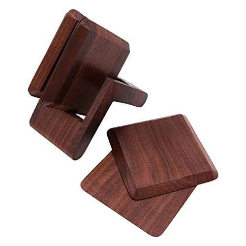 Tiardey Square Solid Wood Tea Coaster Beech Iinsulation Padwith Holder,Set of 6,Rectangle,9cm for Drinks,Coffee,Tea Cup - Black Walnut - Image 2