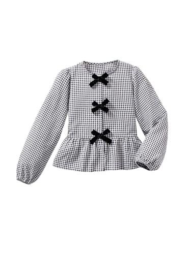 Floerns Girl's Cute Plaid Bishop Sleeve Peplum Top Bow Tie Ruffle Hem Gingham Blouses2