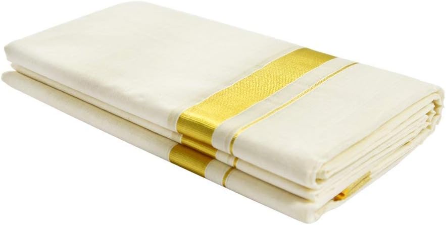 Men's Cotton Kasavu Kerala Double Mundu Casual Style Dhoti (Cream, Free Size), White