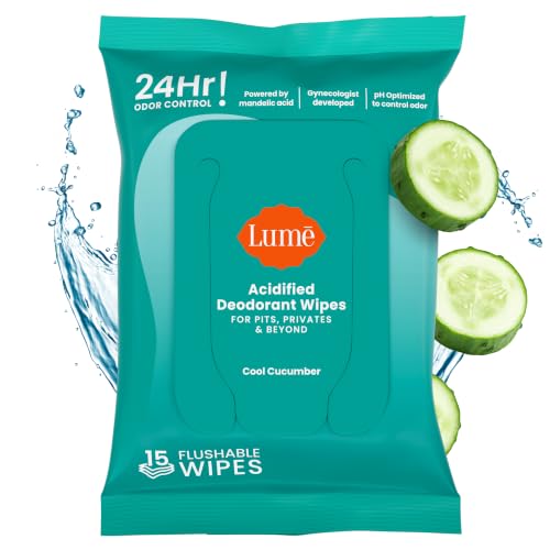 Lume Acidified Deodorant Wipes - 24 Hour Odor Control - Aluminum Free, Baking Soda Free, Skin Loving - Flushable - 15 Count (Cool Cucumber)