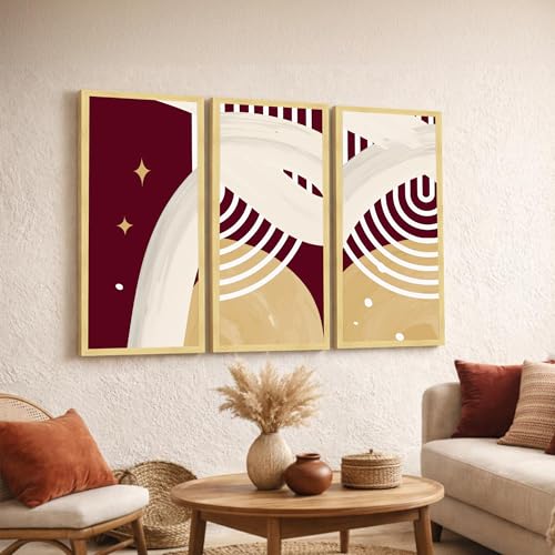 Image of PAINTINGMANTRA Abstract Modern Framed Wall Art Set of 3 | Geometric & Celestial Boho Wall Decor | Engineered Wood Frame Art for Living Room, Bedroom & Office, 8.9x18.9 Inch