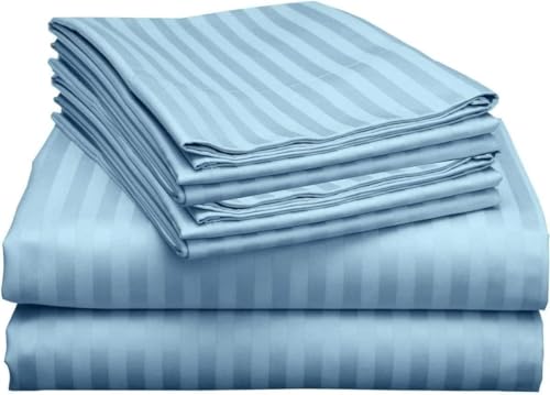 Image of Single Size Bedsheets for Single Bed 600 TC - Cotton Elastic Fitted Sheet (30 x 72 Inches) with 8 Inch Drop- Color Light Blue Stripe [ Fitted Sheet with 2 Pillow Cover]