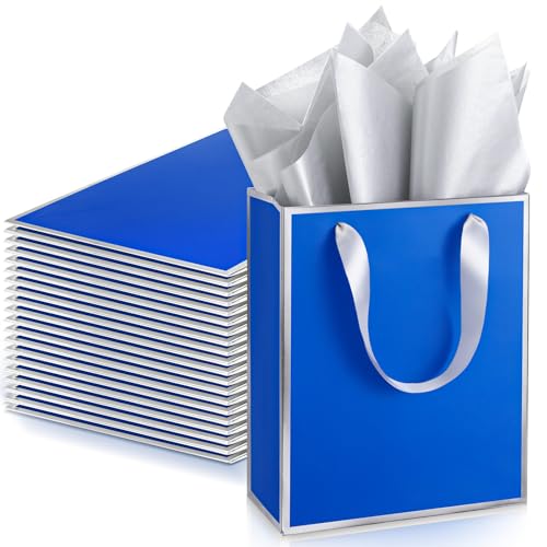 Image of Yeaqee 24 Pack Metallic Paper Gift Bags, Royal Blue,Silver | with Satin Ribbon Handle and Tissue, 9x7x3.1 Inch, Suit Business, Birthday, Christmas, Thank You Return Gifts Bags