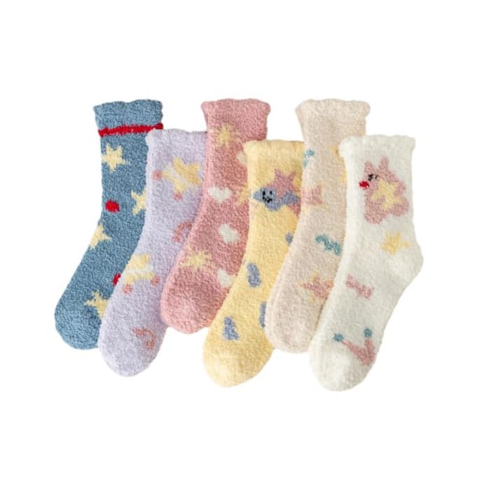 Cimvide 5 Pair Women Fuzzy Socks Cute Star Print Fluffy Y2K Socks Kawaii Warm Slipper Socks Winter Soft Harajuku Cozy Socks