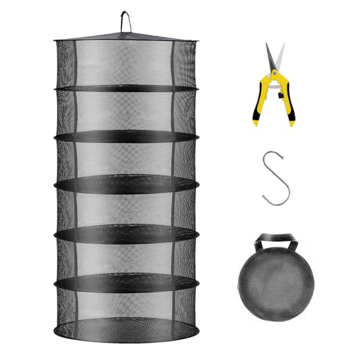 HYDGOOHO Layer 2ft Herb Drying Rack Hanging Mesh Net with Green Zippers,Bonus Hook Drying Rack Herbs for Plant Bud Seed,Herb Dry Net for Garden(6 Layer, Open Type)