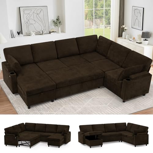 Image of 110 inch Chenille Sectional Sofa w /Pull Out Bed & Storage Chaise, Brown | Reversible U Shape Sofa w /Storage Armrests & Cup Holders, Corner Couch w /USB Charging Port & Throw Pillows for Living Room