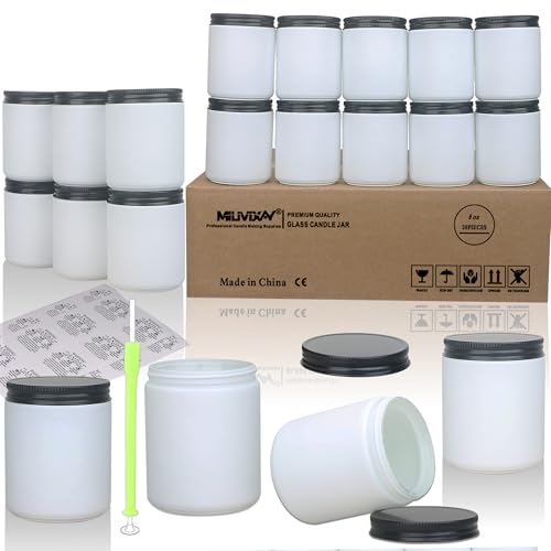 MILIVIXAY 20 Pack 8 OZ Thick Glass Frosted White Candle Jars with All Black Metal Lids-Bulk Empty Candle Jars for Making Candles-Canning Jar for Spice, Liquid, Sample- Dishwasher Safe.
