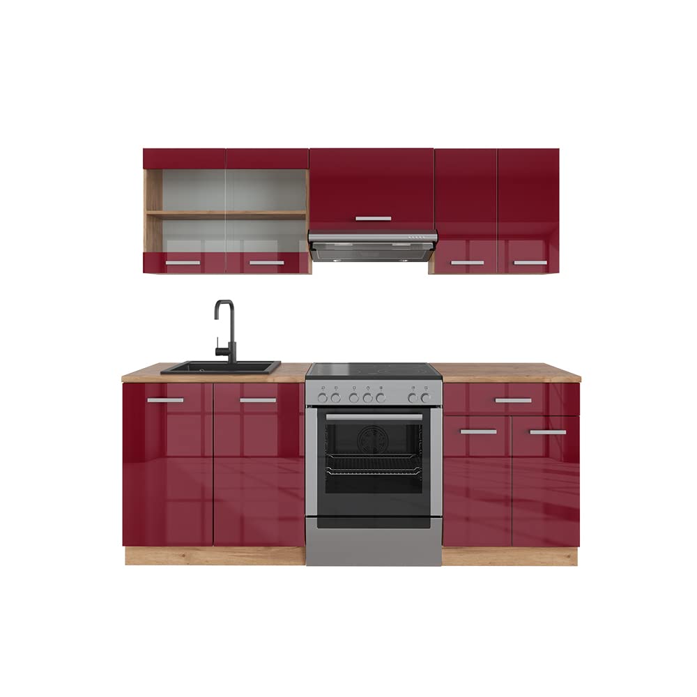 Vicco Cucina componibile R-Line, Rosso lucido/rovere dorato, 200 cm, PL Rovere, adatto per l'espansione personalizzata tramite moduli aggiuntivi