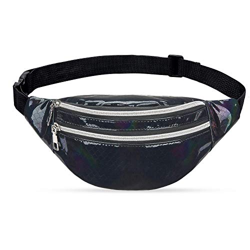 LIVACASA Riñoneras Mujeres Brillante Riñoneras Moda Impermeable Ajustables Hebillas Fiestas Compras Viajes Negro