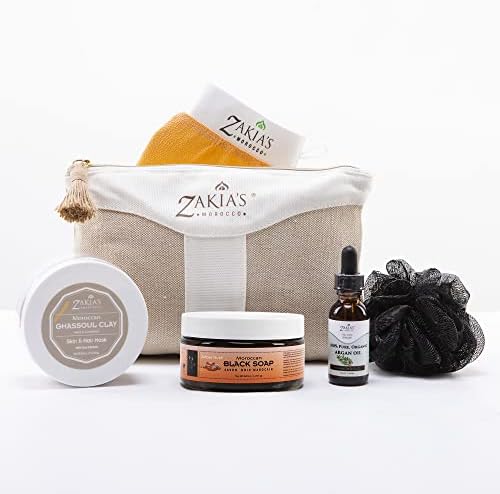 Moroccan Hammam Spa Rejuvenating Ritual Beauty Skincare Kit - 6 piece, Moroccan Amber Musk Black Soap, Body Clay, Argan Oil, Pure & Natural, Purifying, Cleansing, exfoliating for every skin type.
