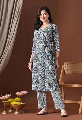 Image of Amazon Brand - Tavasya Women Cotton Anarkali Kurta Pant Dupatta Set | Printed Ethnic Suit Set | Flared Anarkali Kurta with Pant & Dupatta | Festive & Casual Wear
