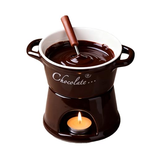 Taza de fondue de chocolate | Calentador de mantequilla derretida de cerámica con tenedor - Juego de tazas portátiles de chocolate - para San Valentín, fiesta de cumpleaños, boda, postre, salsa, queso