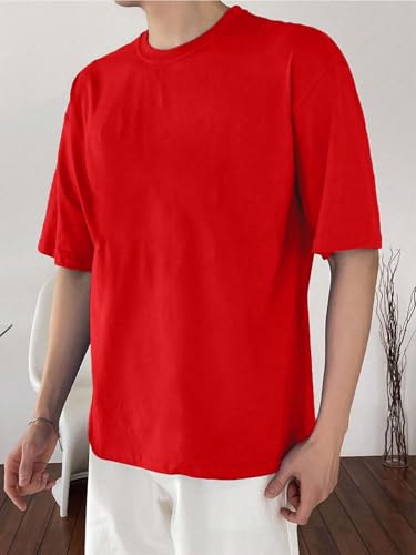 Image of LEOTUDE Half Sleeve Oversized Tshirt for Men, Round Neck Cottonblend Drop Shoulder Solid T-Shirt