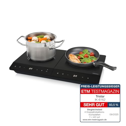 Tristar Placa de inducción doble, ⌀19 y ⌀16 cm, 10 niveles de potencia, 3500 W, de bajo consumo, temporizador integrado, con protección contra sobrecalentamiento, IK-6162
