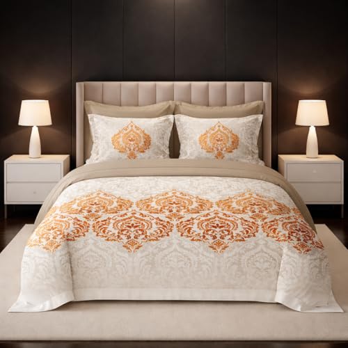 Image of LANE LINEN 100% Cotton Printed King Size Bedsheet - Orange | OEKO-Tex Certified, 250TC, Fits King & Double Bed, Damask Print, Breathable & Wrinkle-Free, Includes 2 Pillow Covers
