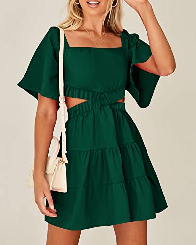 Btfbm Women Summer Dresses 2023 Square Neck Short Sleeve Cutout Crossover Waist Casual Party Tiered A-Line Mini Dress(Solid Green, Medium) #TOP1