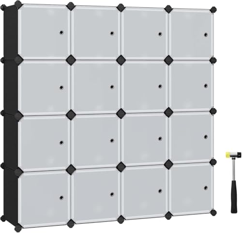 SONGMICS Meuble de Rangement Modulable, 16 Cubes, Étagère en Plastique, avec Portes, pour Vêtements, Chaussures, Livres, Assemblage Facile, Noir LPC44HS
