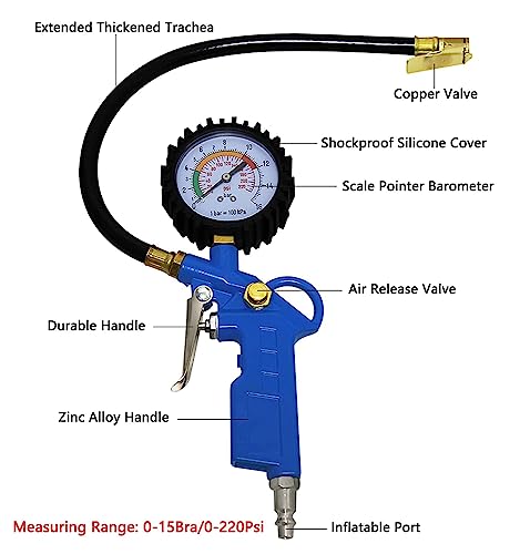 Auto Tire Inflator with Pressure Gauge 220 PSI Dial Wheel Inflator Gage Compressor Accessories Heavy Duty with Rubber Hose and Quick Connect Plug for RV Car Motorcycle for Men