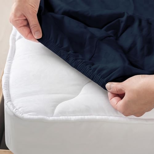 Image of Story@Home Luxe King Size Fitted Bedsheet with 2 Pillow Covers | 500 TC Egyptian Cotton Compact Yarn | 182 x 198 cm | Fits Up to 12 Inch Mattress | Checkered Jacquard | Med Blue | Gift Packaging
