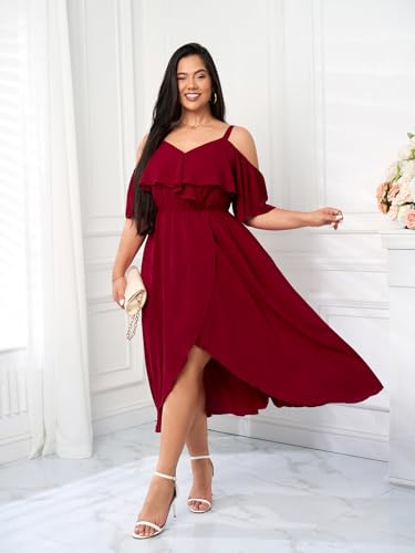 Womens Plus Size Cold Shoulder Dress Short Sleeve Ruffle Summer Sundress High Low Flowy Maxi Long Dresses3