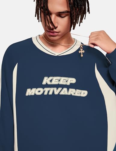 Vamtac Letter Graphic Crewneck Sweatshirts for Men Vintage Color Blocking Long Sleeve Casual Pullover Top