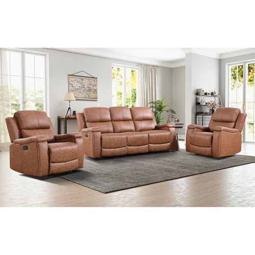 Image of CANMOV Faux Leather Manual Reclining Sofa Furniture Set, 2 Manual Recliner Chair and 3 Seat Recliner Sofa Couch Set for Living Room,Brown