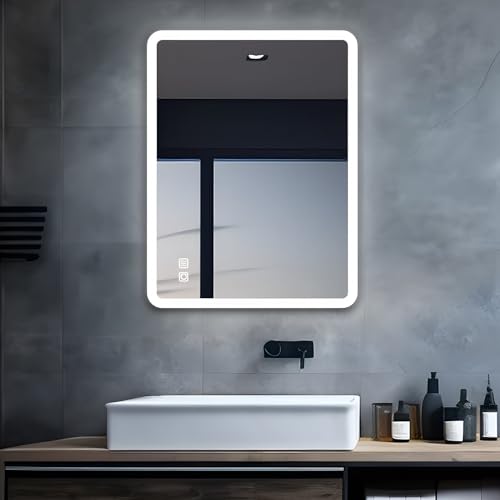 MIQU Espejo de baño LED con iluminación, 70 x 50 cm, Espejo de baño, Espejo Grande con táctil, Regulable, luz cálida/Blanca, sin vaho, Espejo de Pared Inodoro, Pasillo,Esquinas