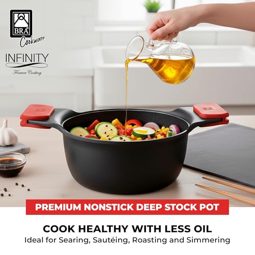Image of BRA COOKWARE Infinity Nonstick Stock Pot w /Glass Lid | 9.5 Inch 3.8 Quart Cast Aluminum Cooking Pot | PFOA /PFAS Free Deep Pot | All Cooktops (incl Induction) | Removable Silicone Handle