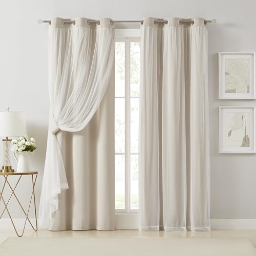 Image of Bujasso Beige Moderate Blackout Curtains with Sheer Overlay Mix and Match Double Layer Thermal Insulated Window Panels 72 inch for Bedroom Beige Drapes with Tiebacks Grommet Top 37 inch Wx72 Lx2