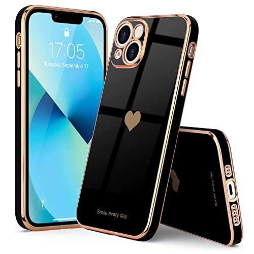 Teageo Compatible With Iphone 13 Case For Women Girl, Cute Love-Heart Luxury Bling Plating Soft Back Cover, Raised Full Camera Protection Bumper, Silicone Shockproof Phone Case For Iphone 13, Black #TOP6