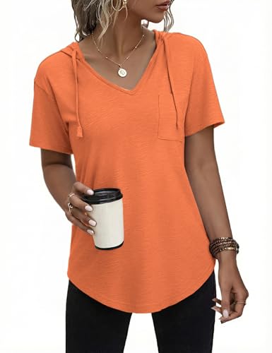 Aottori Tee Shirt Femme Col V Manches Courtes Sweat a Capuche Hoodie Ete T-Shirt Hauts Chic et élégant Couleur Unie Loose Top Tshirt Orange M
