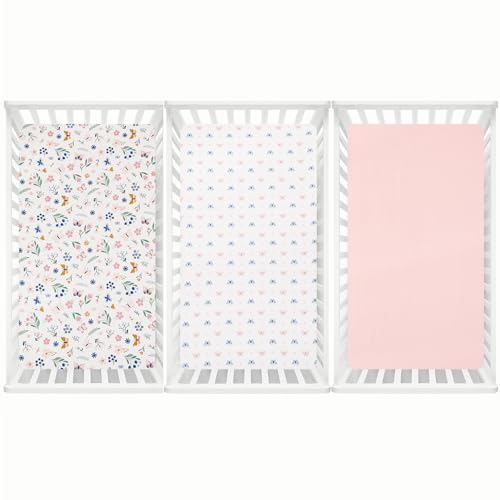 Image of david's kids 3 Pack Fitted Crib Sheets, Ultra Soft Breathable Comfortable Baby Sheet Set for Boys Girls Neutral, 28x52 Inch Fits Standard Crib and Toddler Mattresses, Floral & Butterfly
