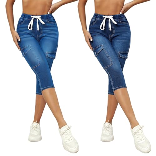 Stretchy Capri Jeans for Women Petite High Waisted Skinny Jeans Casual Elastic Drawstring Denim Capris with Pockets