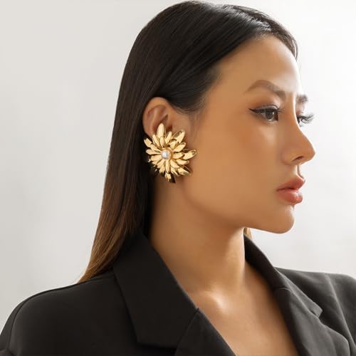 Vintage Gold Big Metal Flower Pearl Stud Earrings for Women Unique, Statement Exaggerated Large Floral Earring Silver Punk Bohemian Party Jewelry Gift4