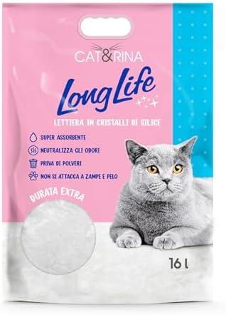 Cat&Rina Long Life, Arena para Gatos de Cristales de Sílice Súper Absorbente. Arena para Gatos de Gel de Silice Sin Polvo y Segura. | Clásica, Formato Maxi 16 L