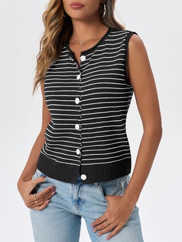 Saodimallsu Womens Cropped Sleeveless Sweater Vest Striped Knit Summer Tops Button Down Going Out Y2k Tank Top2