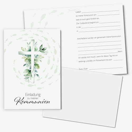 younikat Einladungskarten Kommunion I 15 Stück I DIN A6 zum Ausfüllen mit Lückentext I inkl. Umschlägen I Klappkarte Eukalyptus Fische Kreuz I aus stabilem 350 g/m Papier I dv1560
