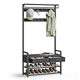 VASAGLE Perchero Recibidor, Mueble de Entrada con 10 Ganchos Extraíbles, 2 Cajones, Banco Zapatero, Diseño Separable, 30 x 80,4 x 181,6 cm, Gris Carbón y Negro Tinta HSR429B04